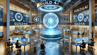 DALL·E 2024-10-26 17.40.26 - A futuristic scene in a high-tech studio of innovation for GUILD4AI. The setting features a sleek, modern workspace with advanced AI assistants collab.webp