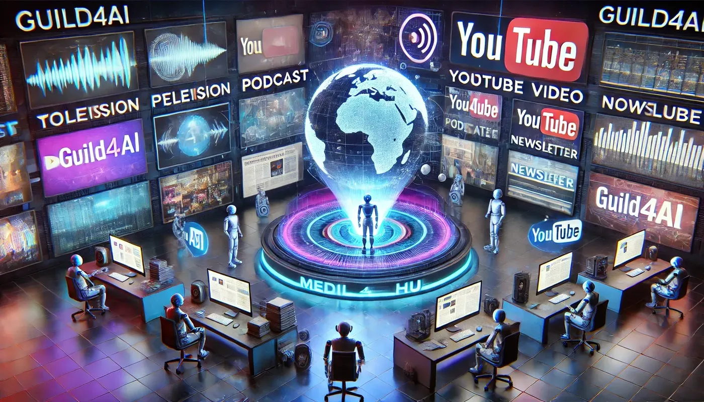 DALL·E 2024-10-27 15.44.15 - A futuristic media hub for GUILD4AI, featuring television, podcast, YouTube, and newsletter platforms. The high-tech studio centers around a holograph.webp