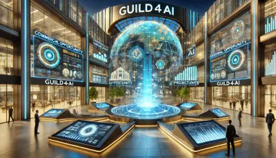 DALL·E 2024-10-26 17.54.06 - A futuristic scene depicting a commercial opportunity hub powered by AI for GUILD4AI. The plaza has sleek, high-tech architecture with a large transpa.webp