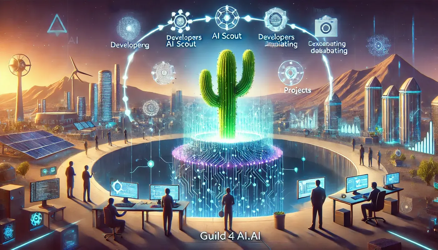 DALL·E 2024-11-11 19.35.14 - A detailed futuristic scene showing the journey of Guild4AI.ai, with a large cactus at the center symbolizing the genesis of the ecosystem. The scene .webp