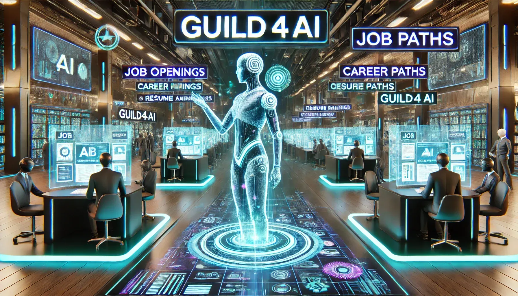 DALL·E 2024-11-06 11.06.00 - A futuristic career and job marketplace for Guild4AI, set in a vibrant digital hub with interactive holographic displays showcasing job openings, care.webp