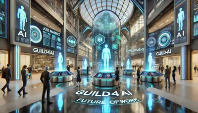 DALL·E 2024-10-26 17.29.08 - A futuristic scene in a high-tech plaza focused on AI-powered employment for GUILD4AI. The setting has sleek architecture and holographic displays sho.webp