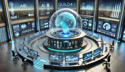 DALL·E 2024-10-26 17.46.06 - A futuristic scene depicting an AI observatory for GUILD4AI. The setting features a sleek, high-tech observatory building with a large, transparent do.webp