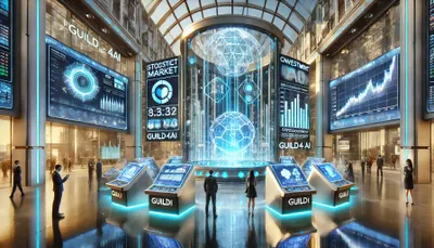 DALL·E 2024-10-26 17.27.01 - A futuristic scene in a high-tech plaza representing an investment hub powered by AI for GUILD4AI. The plaza has sleek architecture with holographic d.webp