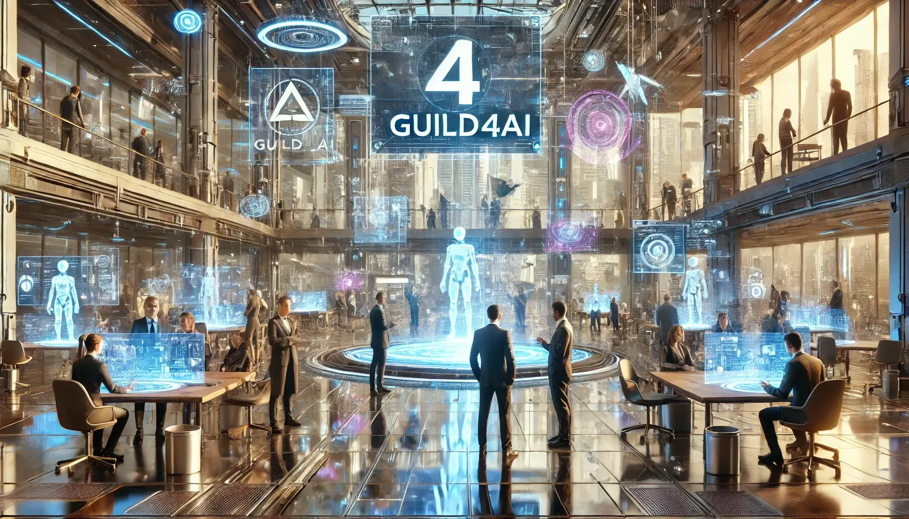 DALL·E 2024-11-10 20.30.28 - Create an illustration of members of GUILD4AI in a futuristic universe. The scene should depict a high-tech environment with metallic and neon-lit arc.webp