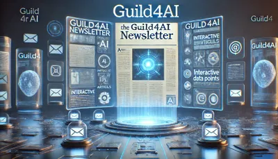 DALL·E 2024-10-27 15.50.25 - A wide, futuristic scene of the GUILD4AI newsletter in cool blue tones. The setting features a floating holographic newsletter scroll displaying inter.webp