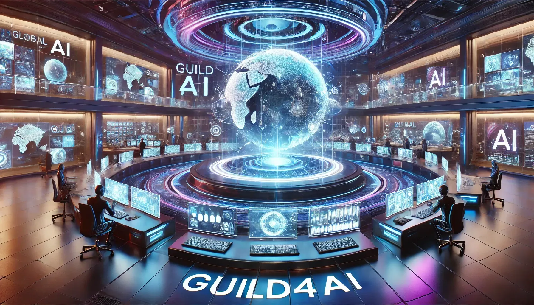 DALL·E 2024-10-27 15.33.13 - A wide, futuristic scene of a media hub powered by AI, named GUILD4AI, featuring a holographic projection of a rotating planet at the center. The high.webp