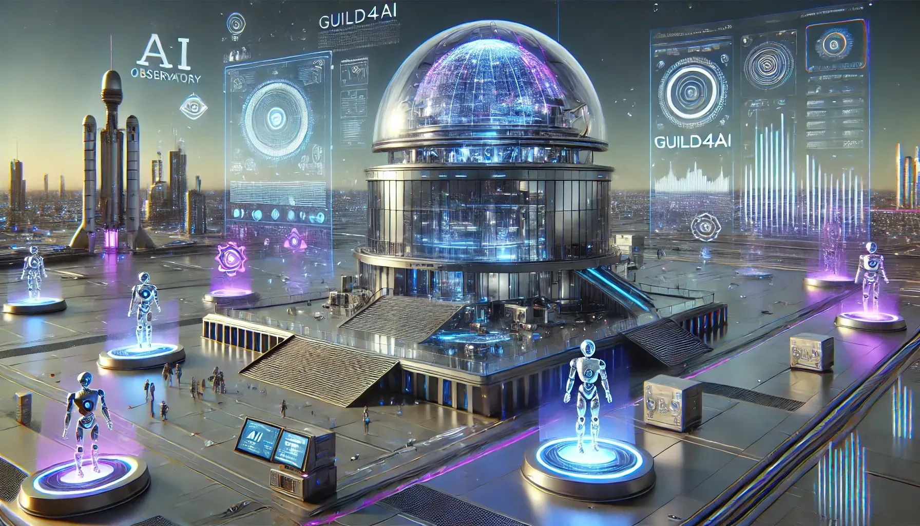 DALL·E 2024-10-26 16.47.38 - A futuristic scene representing an AI Observatory created by GUILD4AI. The setting is a sleek, high-tech building with a glass dome at the top, surrou.webp