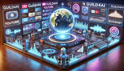 DALL·E 2024-10-27 15.38.51 - A wide, futuristic media hub representing GUILD4AI's YouTube and podcast channels. The high-tech studio has a central hologram of a rotating planet, s.webp