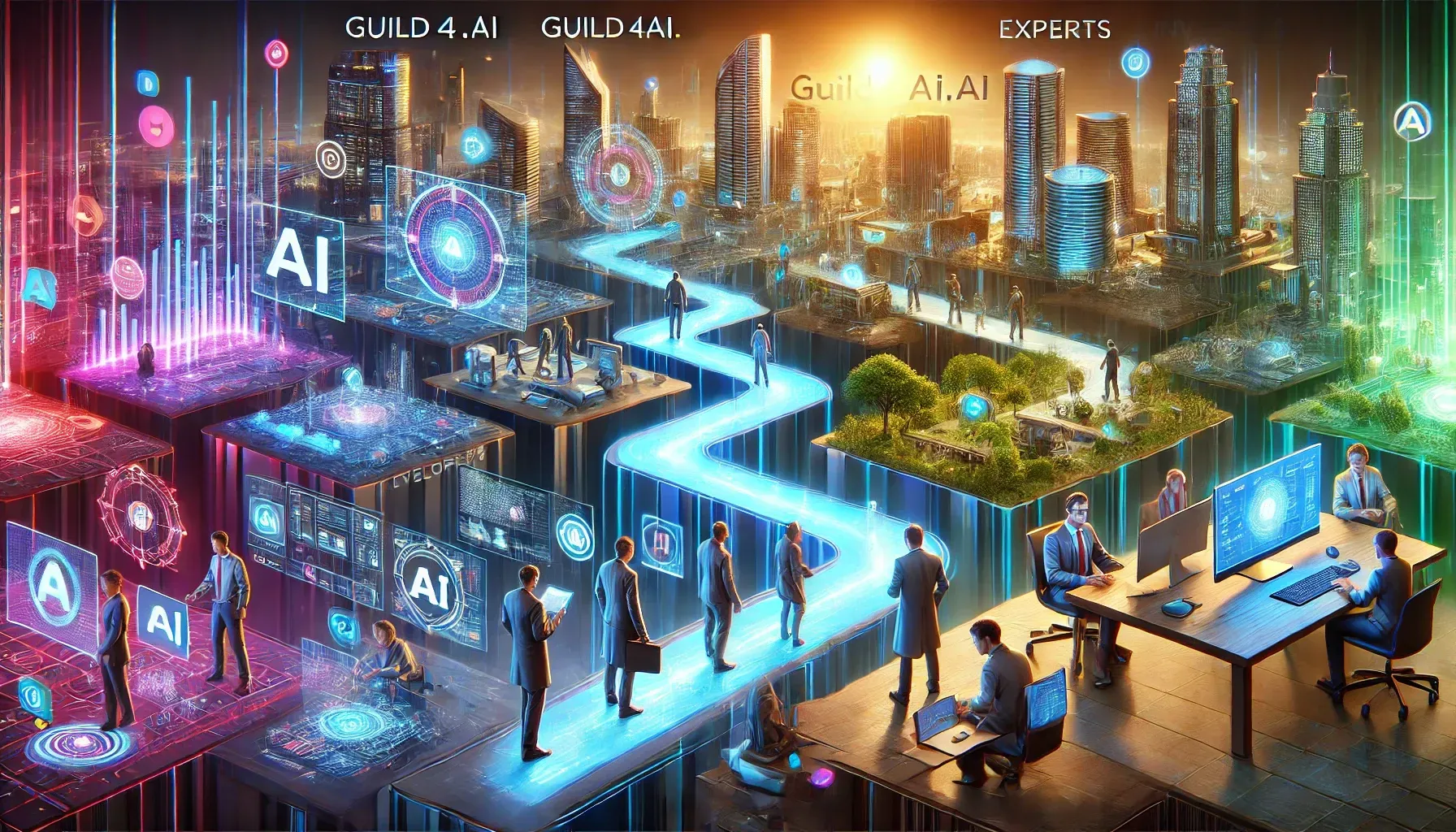 DALL·E 2024-11-11 19.33.19 - A detailed futuristic scene showing the journey of Guild4AI.ai, starting with an AI scout exploring and analyzing data, transitioning to developers cr.webp