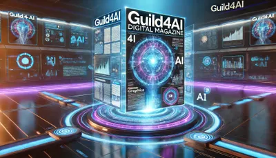 DALL·E 2024-10-27 18.29.19 - A wide, futuristic scene of the GUILD4AI digital magazine in a high-tech landscape. The magazine appears as a floating holographic display, with vibra.webp