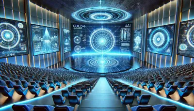 DALL·E 2024-10-27 15.51.33 - A wide, futuristic scene of the GUILD4AI Cinema in cool blue tones. The setting features a high-tech theater with holographic screens displaying immer.webp