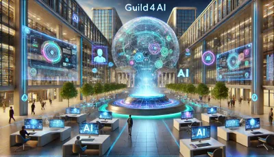 DALL·E 2024-10-26 17.22.32 - A futuristic scene representing a university and learning hub powered by AI for GUILD4AI. The setting is a high-tech plaza with holographic classrooms.webp