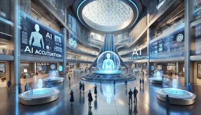 DALL·E 2024-10-26 17.38.02 - A futuristic scene in a high-tech plaza for AI acculturation, created by GUILD4AI, with a predominantly blue color theme. The setting features sleek, .webp