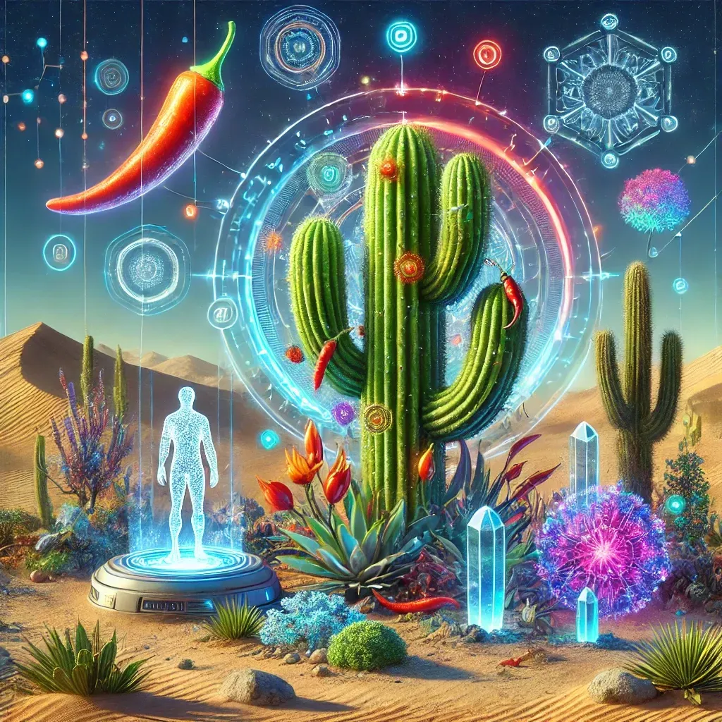 DALL·E 2024-11-12 19.21.50 - A futuristic desert scene with a large, detailed cactus at the center, surrounded by a variety of vibrant elements. Around the cactus, colorful chili .webp